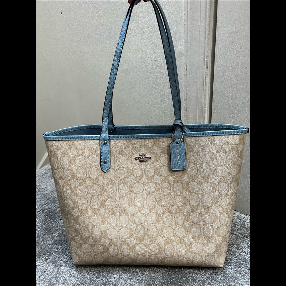 Coach Reversible City Tote, Signature C & Light Blue Classic print
